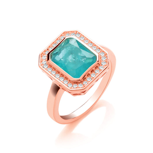 Green Natural Stone & Glass Emerald Cut Rose Gold Plated Silver Ring
