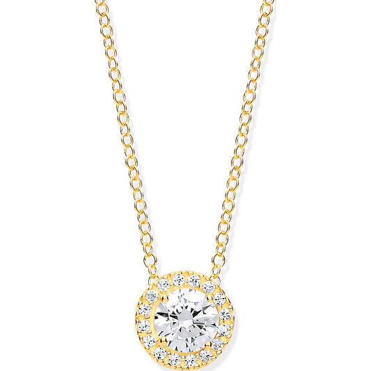Yellow Gold Round Cubic Zirconia Halo Pendant on 18" Chain