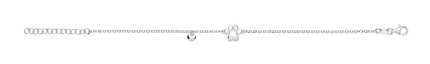 Silver Dog/Cat Paw & Heart Bracelet